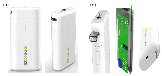 (a) 구취측정기 제품 디자인 이미지 및 (b) 제품의 호기 가스 유체 이동 모식도