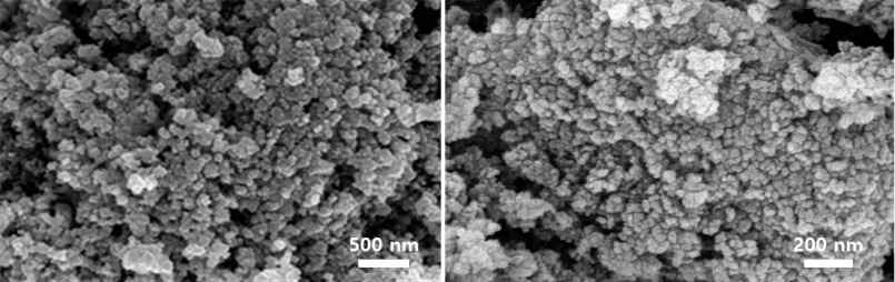나노 필러물질 SEM 사진, SnO2(좌)와 Al2O3(우)