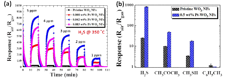 (a) 치밀한 구조의 순수한 텅스텐산화물 및 Pt 촉매가 결착된 다공성 텅스텐산화물 나노섬유의 황화수소 가스에 대한 감지특성 평가. (b) Pt 촉매가 결착된 다공성 텅스텐산화물 나노섬유의 황화수소 및 다종 가스에 대한 감지특성 평가