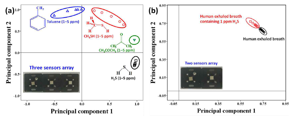 (a) 주성분 분석을 활용한 다종가스 선택적 감지특성 규명. (b) 정상인의 날숨과 정산인의 날숨에 1 ppm의 황화수소 가스가 주입되어 모의로 합성된 구취환자 날숨을 이용한 패턴인식