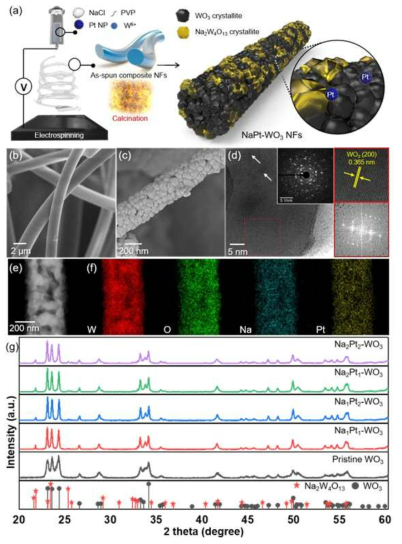 (a) 전기 방사 후 하소 공정을 통한 NaPt-WO3 NF의 합성 도면. NaCl 및 Pt 나노입자의 SEM 이미지; (b) 방사 후, (c) 소성 후. (d) HRTEM 이미지, 확대 된 TEM 이미지, 해당 FFT 패턴 및 NaPt-WO3 나노섬유의 SAED 패턴. (e) STEM 이미지 및 (f) NaPt-WO3 나노섬유의 EDS 매핑 이미지. (g) WO3 나노섬유 및 NaPt-WO3 나노섬유의 XRD 분석