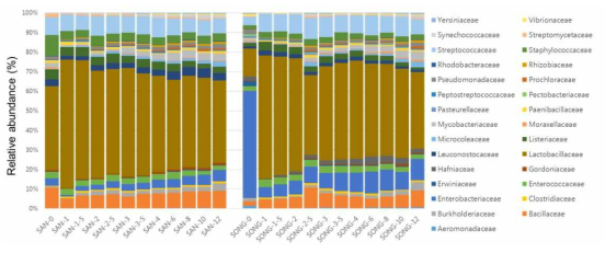 발효과정 중 바이러스 숙주의 군집 변화 (Family level)