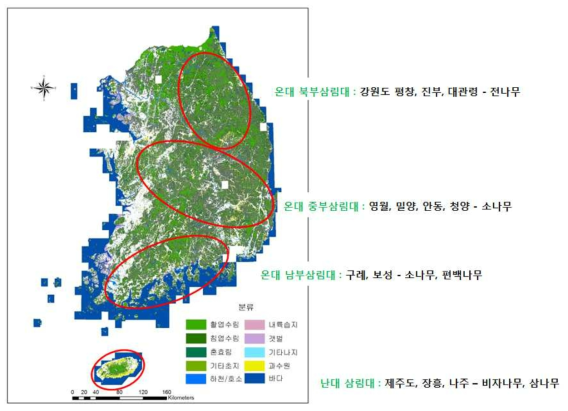 시범연구로부터 도출한 한국의 기후대별 숲 구분