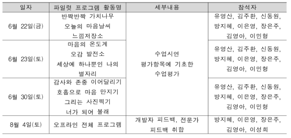 파일럿 프로그램 활동지 고도화 및 온라인 콘텐츠 확장 회의 일정