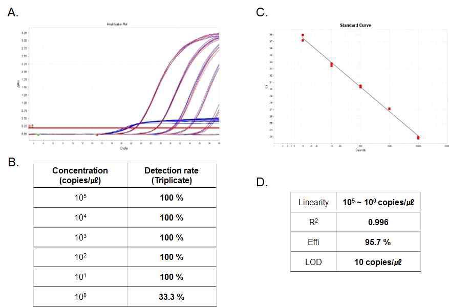 황열 바이러스 Real-time PCR kit의 직선성 및 검출한계. (A) Amplification plot. (B) 각 농도별로 3반복 실험한 검출률. (C) Standard curve. (D) Standard curve를 통해 분석된 성능