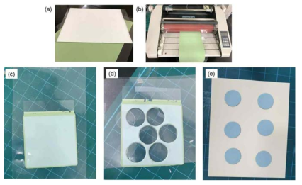 (a) 커팅된 Green tape, (b) 라미네이션 공정, (c) 라미네이션 된 후 green tape, (d, e) 성형 및 소결 준비
