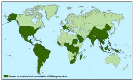 2016년 04월 22일 기준 치쿤구니야 감염 발생국(출처: CDC)