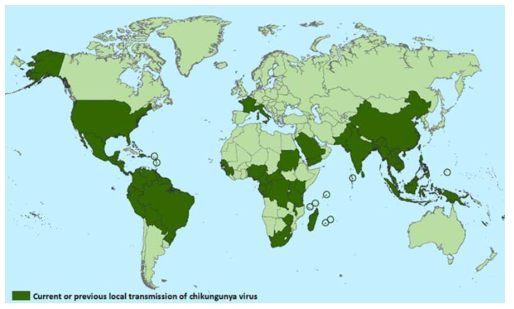 Countries and territories where chikungunyacases have been reported (2015. 10. 20, 출처 : CDC)