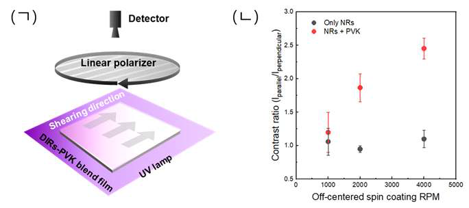 (ㄱ) 양자막대 고분자 복합필름의 PL polarization 측정 모식도, (ㄴ) 스핀코팅 속도에 따른 복합필름의 편광판 방향에 따른 대비율 변화