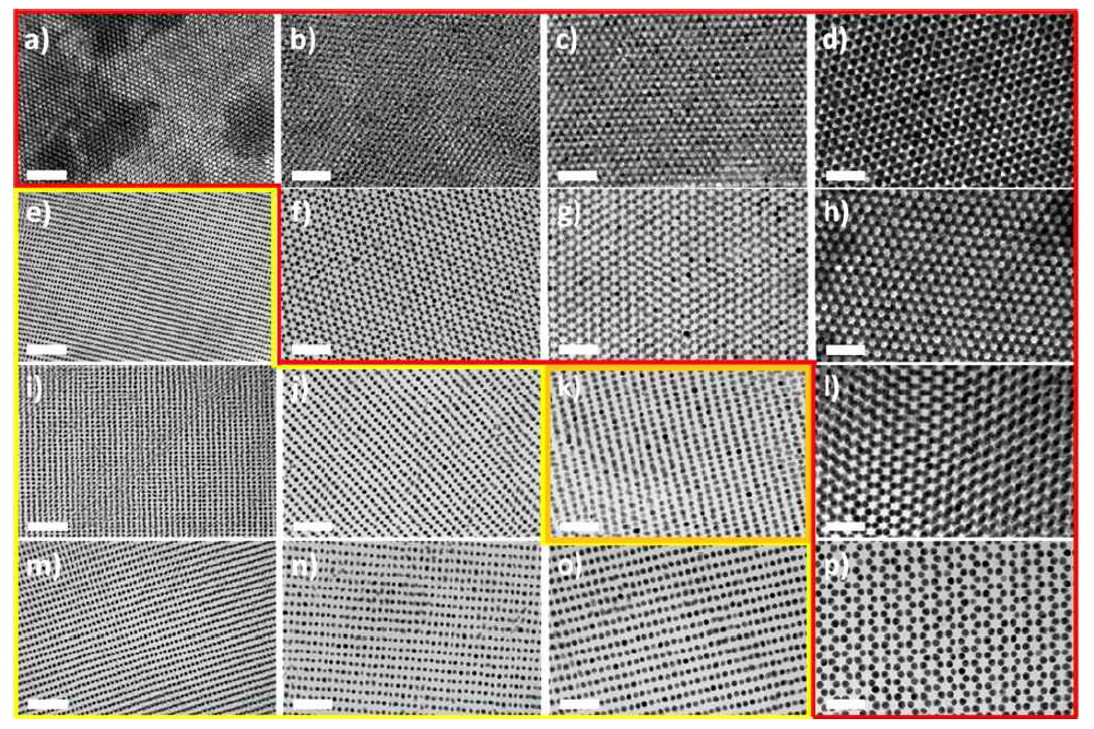 다양한 코어 크기 (2.9-9.6 nm) 와 리간드 길이 (Mn = 1.8-7.9 kg mol-1)를 갖는 금 나노입자@PS 복합체의 TEM image. (Scale bars: 50 nm)