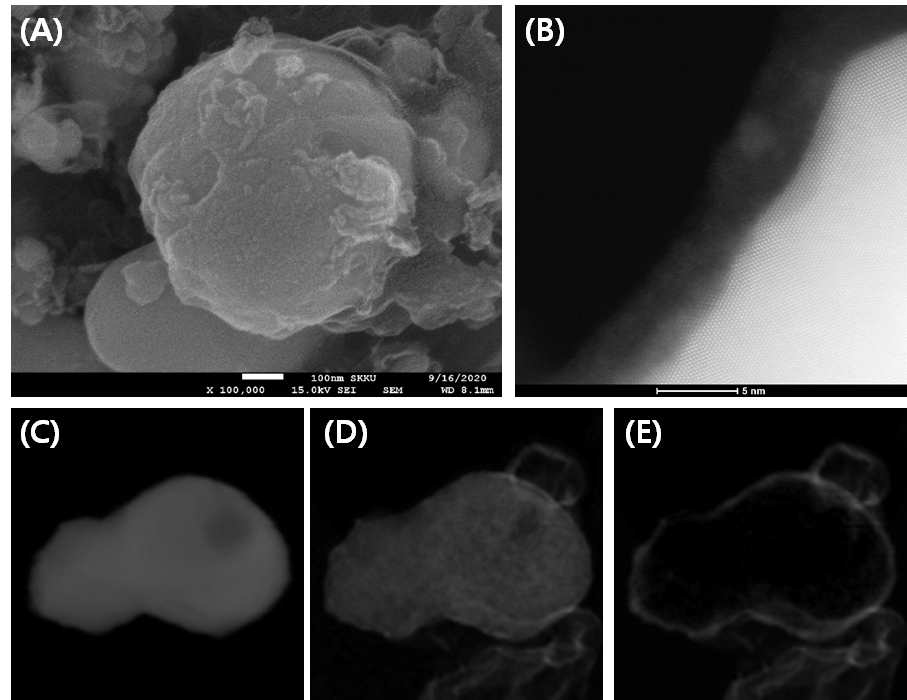 Cu 80nm에서의 질화 붕소 합성 후 (A) SEM 이미지 (B) STEM, EELS mapping (C) Cu-L (D) N-K (E) B-K