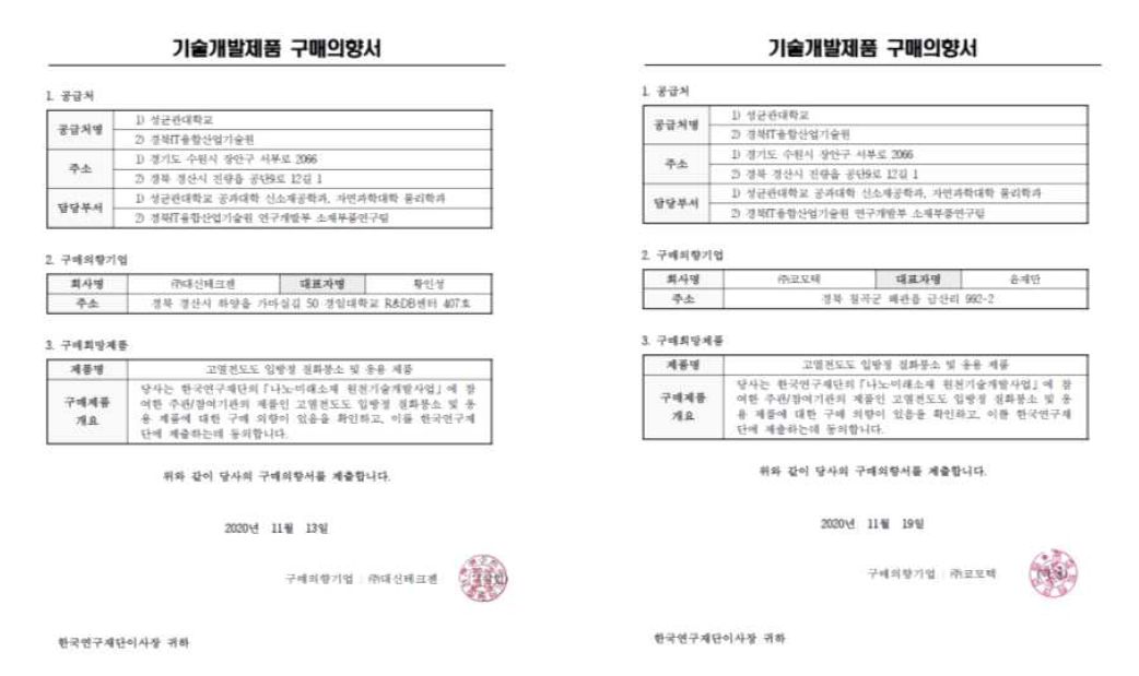 방열소재/시트 기업의 본 과제 기술개발제품 구매의향서