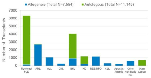 Indications for HSCT in the US, 2012 (Pasquini, 2014). PCD, plasma cell disorder; AML, acute myeloid leukemia;