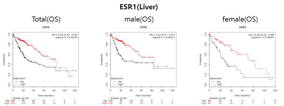ESR1 발현과 젠더 간 생존율 상관성 분석