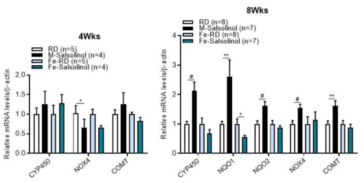 SAL을 투여한 마우스(C57BL/6) 간조직에서 redox cycling에 관여하는 효소의 발현 .*, p<0.05; **, p<0.01; #, p<0.005