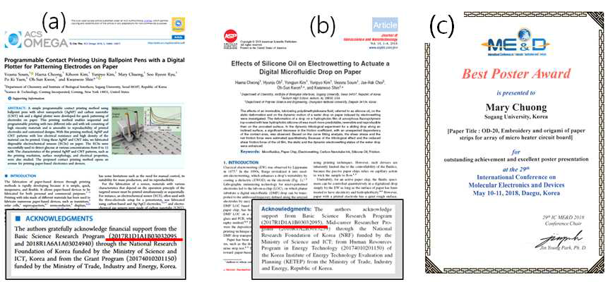 2차년도 실적: (a) 논문 1, (b) 논문 2, (c) 인쇄전자 기술 전문학회 ME&D 국제학회(2018.5.10.-11, 대구)에서 우수포스터상 수상(5명/1000명 선정)
