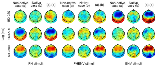 문장 자극의 특징에 따른 언어인지 뇌파 지도(topography)