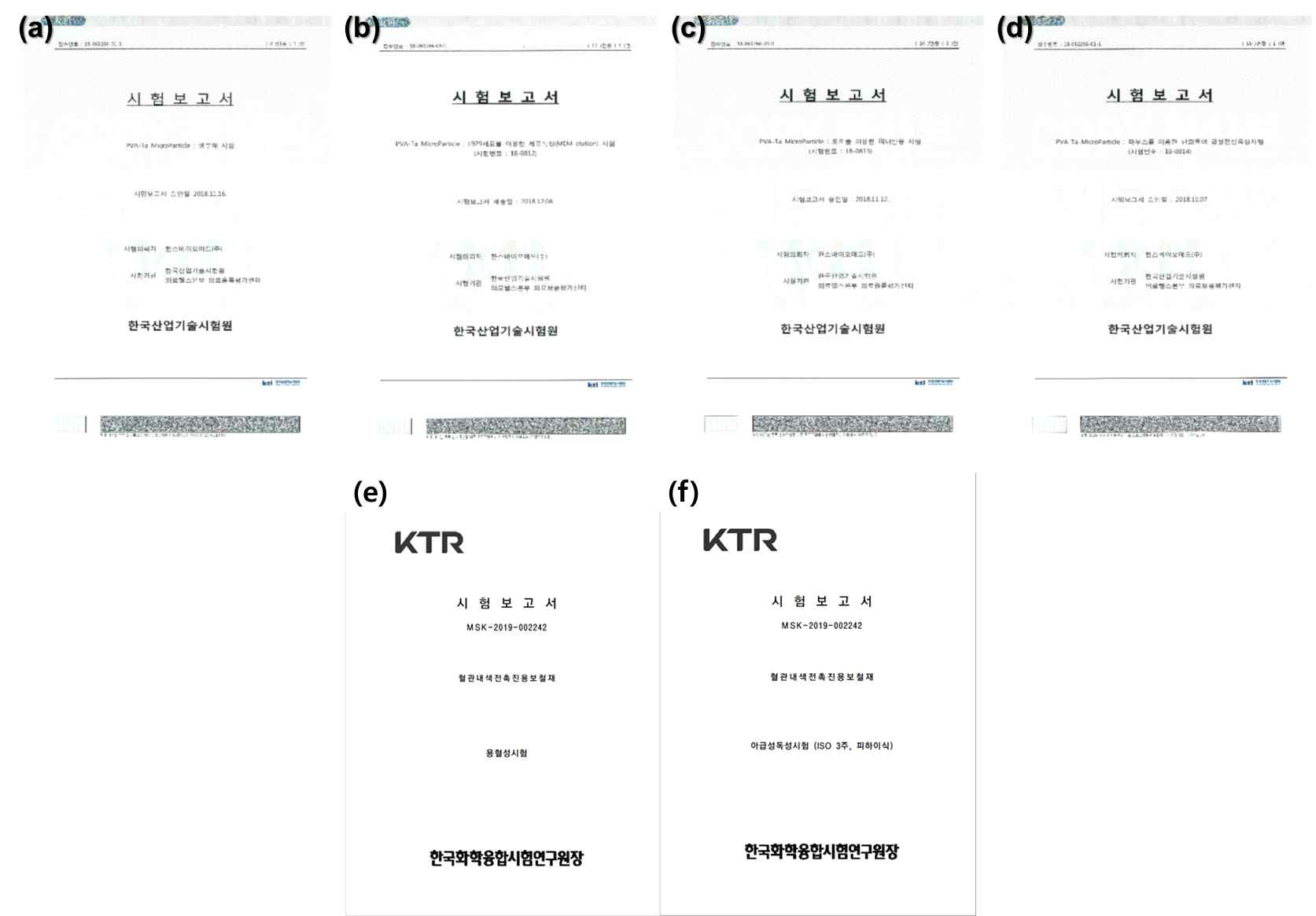 PVA-Ta CS 미립구 색전입자의 공인시험성적서. (a) 생분해성, (b) 세포독성, (c) 피내반응, (d) 급성독성, (e) 용혈성, (f)이식 시험