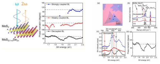 층간 상호작용 크기에 따른 제2 고조파 효율 vs. 입사광 에너지. 3R로 성장한 bilayer 특성분석 결과 – 현미경 사진, 라만/PL spectrum, 제2 고조파 크기 vs. 입사광 에너지