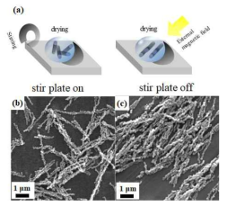 (a) 1차원 구조 합금-탄소@메조세공 하이브리드 나노소재의 교반 모식도, (b) 외부 자기장이 없을 때의 합금-탄소@메조세공 하이브리드 나노소재, (c) 외부 자기장이 있을 때의 합금-탄소@메조세공 하이브리드 나노소재