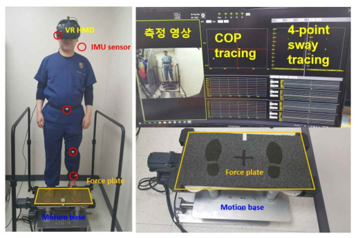 정해진 속도, 거리로 상하, 전후, 좌우, 회전 운동을 하는 Motion plate를 통해 전정/체성 감각을 자극하고, Force plate를 통해 인체무게중심(COP)을, IMU sensor를 통해 관심있는 인체의 4곳의 3차원적 postural sway를 측정할 수 있는 장비를 개발함