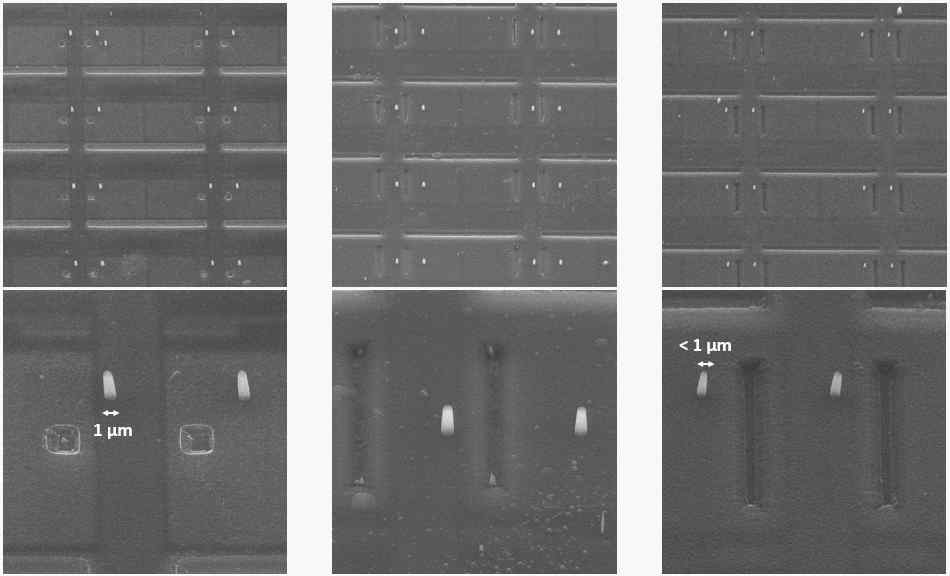 IC chip 위 PE-CVD 를 통해 증착된 SiO2를 건식 식각 공정으로 식각 후 선택적으로 성장된 SiO2 나노선의 SEM 이미지