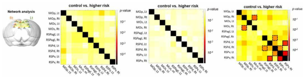 rsfMRI에서 측정된 영역별 BOLD signal의 co-integration 분석하여, control과 higher dementia risk를 가지는 경우 사이에 차이나게 되는 network 분석 시행함