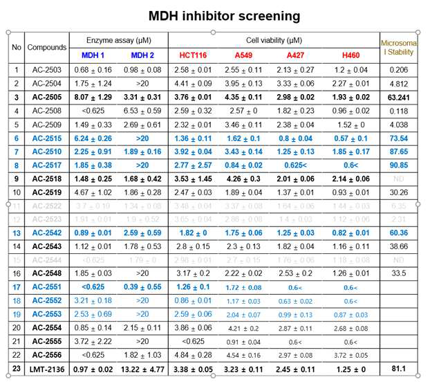 약물의 MDH1, MDH2 저해 활성 및 세포 증식 저해 활성 평가