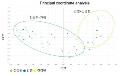 정상인과 간질환 환자의 장내 미생물 beta-diversity 비교