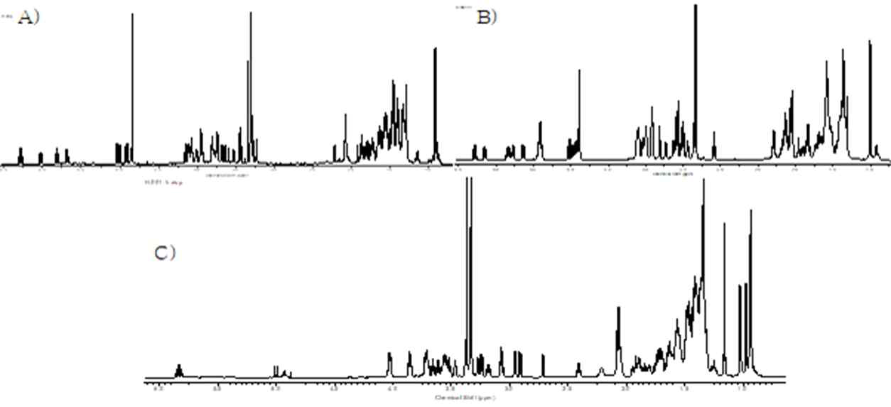 화합물 6 ～ 8에 대한 수소 NMR 스펙트럼 (900 MHz in CD3OD). A) 화합물 6의 1H NMR spectrum B) 화합물 7의 1H NMR spectrum, C) 화합물 8의 1H NMR spectrum