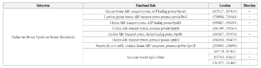 Summary of protein coding sequences - Stress Response; Choline and Betaine Uptake and Betaine Biosynthesis