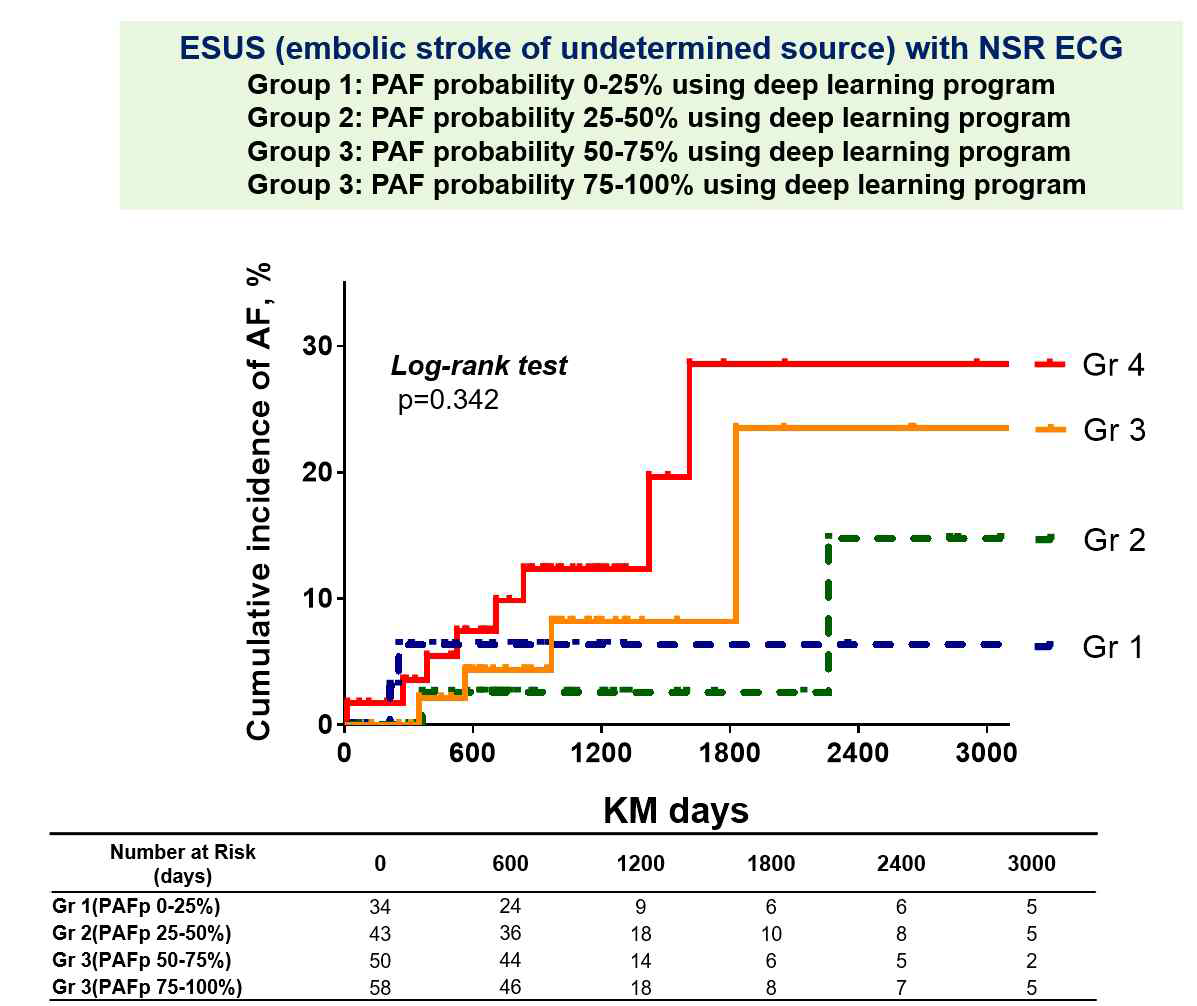 AI 예측도에 따른 ESUS 환자의 Kaplan curve 분석 (본 대학교 심장내과/신경과 공동 연구 진행 pilot study 결과)