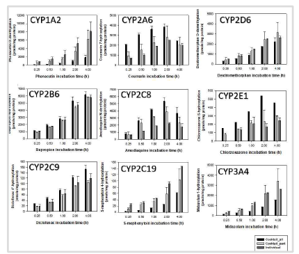 Human primary hepatocytes에서 시간 의존적인 CYP 활성도