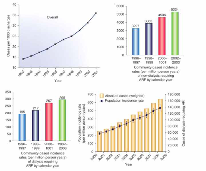 미국에서 병원과 일반 인구에서 발생하는 급성 신부전 변화 추이 출처; Kidney International Volume 87, Issue 1, January 2015, Pages 46-61