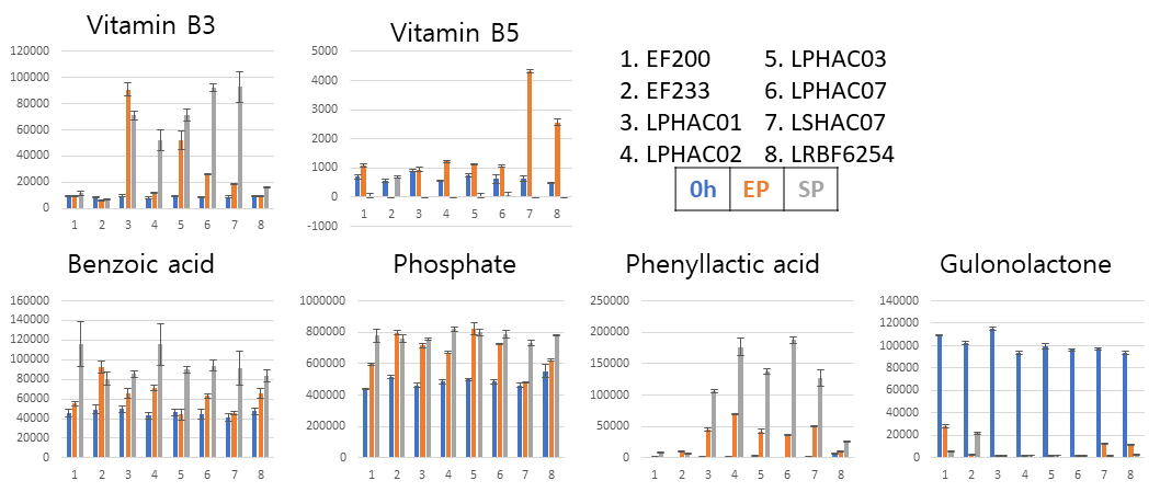 GC-TOF-MS 기반 8종 유산균의 차이나는 비타민 및 기타 계열 동정 결과