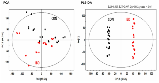 GC-TOF-MS 분석을 통한 정상군 및 IBD 환자군의 PCA 및 OPLS-DA 결과