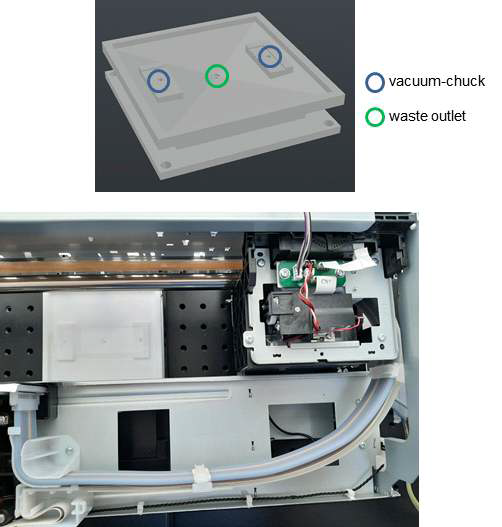 테플론을 이용해 만든 mounting stage와 진공을 이용한 through hole washing을 프린터에 적용