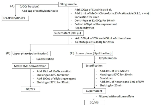 VOCs (A), 극성 성분(B), 지방산(C)을 분석하기 위한 통합 전처리법