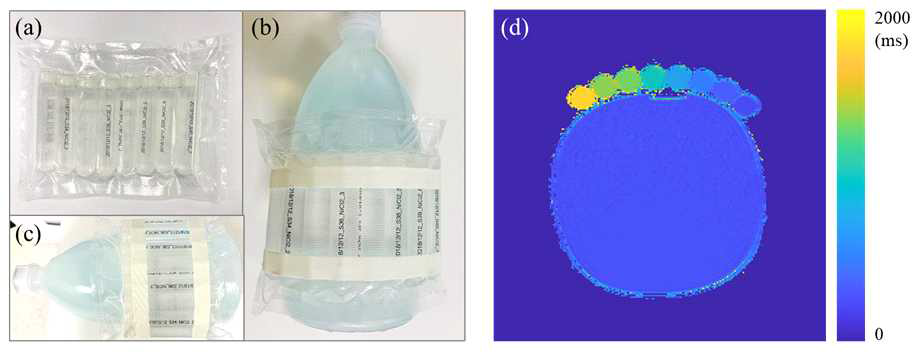 (a-c) 인증표준팬텀 및 (d) 이를 이용하여 MOLLI sequence로 촬영한 T1 자기이완율 맵 영상 예시