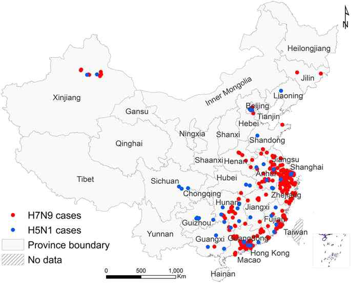 중국내 H7N9과 H5N1 바이러스에 의한 인체감염 발생 지역