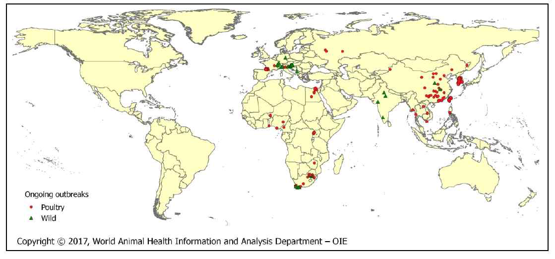 2010-16년 조류인플루엔자 바이러스의 유행지역