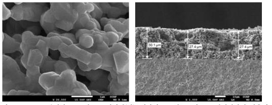 SEM으로 분석한 SYT 연료극 이미지(좌), 개발된 SYT연료극과 GDC전해질과의 접촉면 이미지(우)