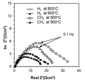 수소와 메탄 분위기에서 측정한 SYTF 연료극 반쪽전지의 분극 저항