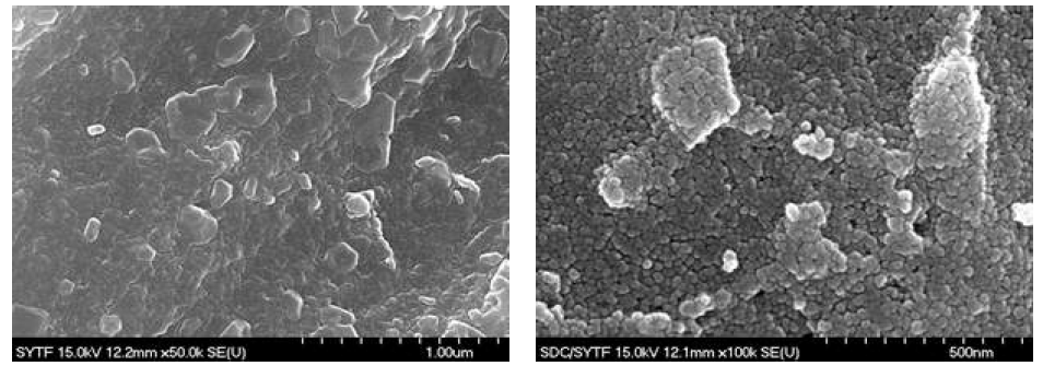 성능 향상을 위한 SDC 표면 코팅 이미지로써 코팅전의 SYTF 전극 표면(좌)와 SDC-코팅된 SYTF 전극 표면(우)