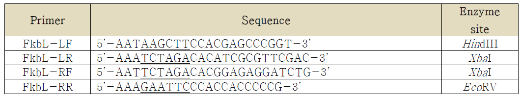 fkbL 유전자 제거용 primer 서열