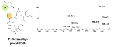 31-O-demethyl-prolylFK506의 MS/MS spectrum