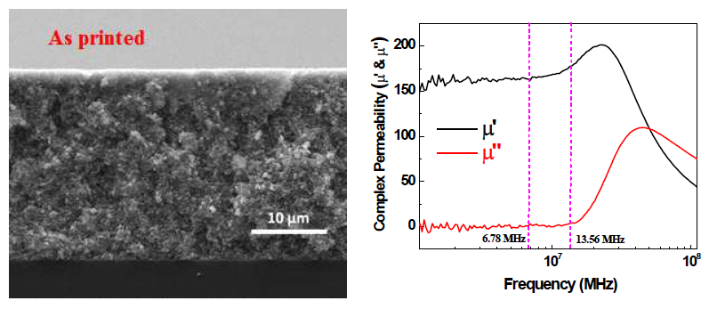SEM 단면 image – NiZn-ferrite 인쇄막 / 인쇄된 NiZn-ferrite의 950 oC 열처리 후 permeability 측정값