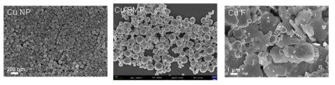 구리 나노입자 (Cu NP), 마이크론 스케일 구리 입자 (Cu SMP) 및 구리 플레이크 (Cu F) SEM 이미지
