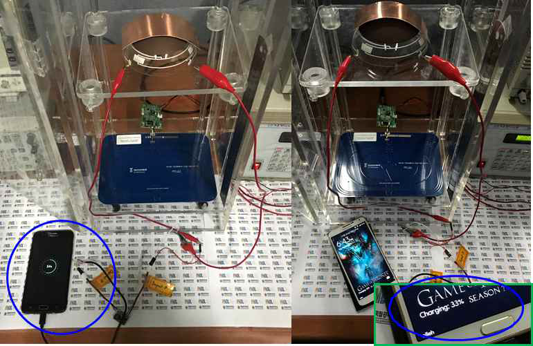 High curvature 탈평면 상에 형성된 Rx (inductor 코일 + ferrite) 의 무선전력송신을 통한 핸드폰 충전 시연