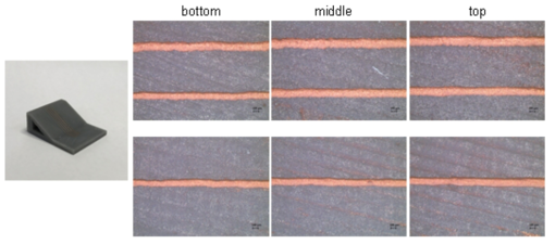 30 wt% 구리 나노입자가 포함된 구리 나노입자/플레이크 페이스트의 30도 경사각 구조물 상 프린팅 패턴 OM 이미지